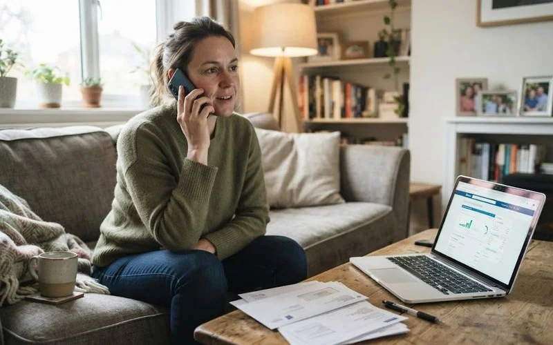 A person on the phone at a kitchen table taking notes while reviewing a mortgage statement