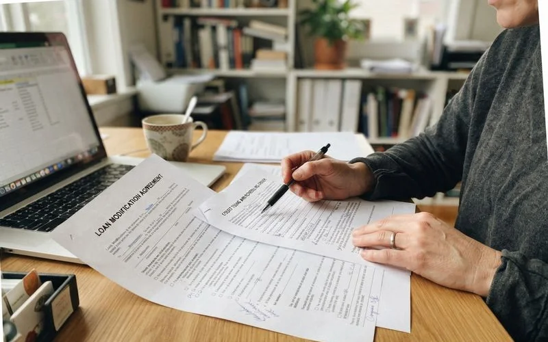 A homeowner comparing two documents side by side, one labeled loan modification offer and one labeled court answer form