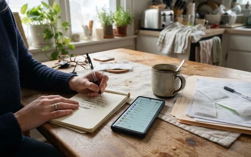 A person writing notes about a phone call in a notebook next to their phone showing a missed call log