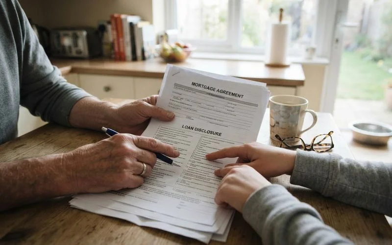 An adult child and an older parent reviewing mortgage paperwork together at a kitchen table
