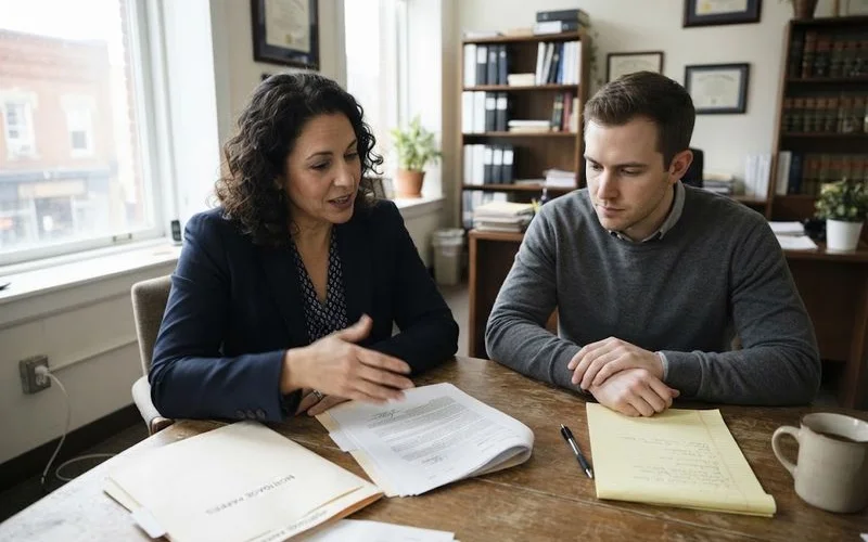 An attorney and a client sitting across a desk during an initial consultation, papers spread between them