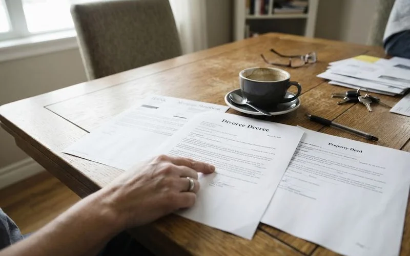 Two wedding rings resting on top of a folded mortgage statement and a divorce decree document