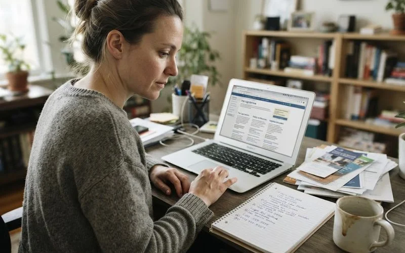 A person on a laptop researching free housing counseling and legal aid resources with a notepad nearby