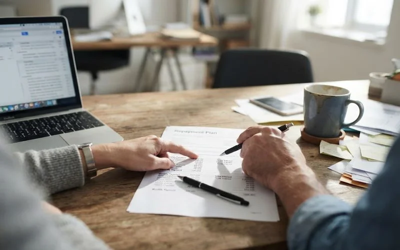 A person and a bankruptcy attorney reviewing a proposed Chapter 13 repayment plan schedule together on paper