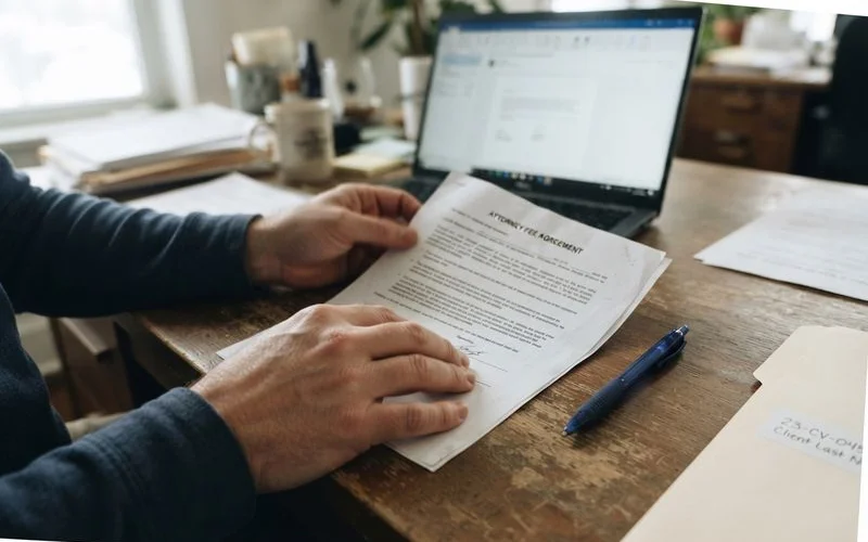 A homeowner and a foreclosure attorney reviewing a written fee agreement together across a desk