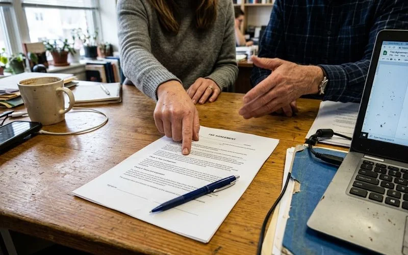 A written attorney fee agreement with a pen resting on top, next to a cup of coffee