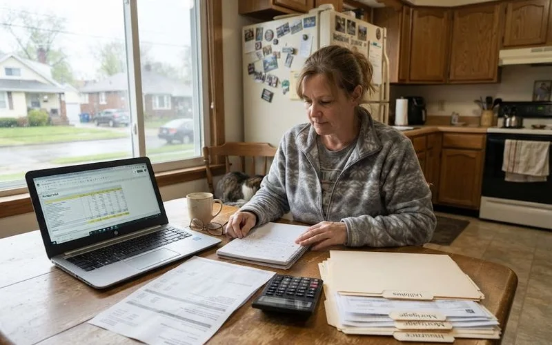 A person sitting at a kitchen table reviewing bills and a laptop showing a budget spreadsheet