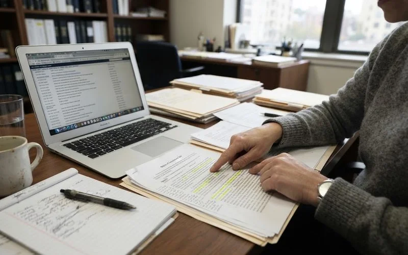 A homeowner reviewing a stack of court foreclosure documents at a kitchen table with a laptop open beside them