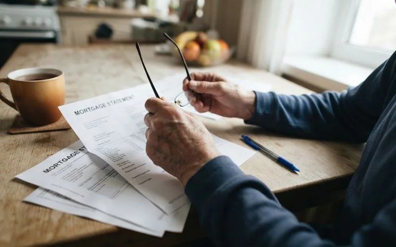 An older homeowner reviewing mortgage paperwork with an adult family member at the kitchen table